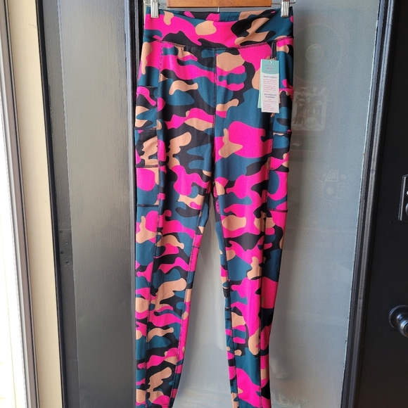 Pop Fit Hot Pink Blue Camo Leggings Pockets NWT Medium High Rise 12" in Stretch - Picture 1 of 9